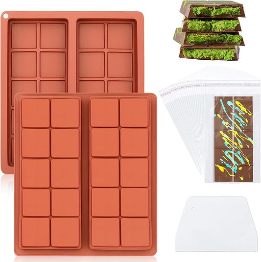 Chocolate Bar Molds Silicone 2-Pack, Large 8.1x7.1 Inch Deep Cavity with 100 Storage Bags & Scraper Tool Kit - Food-Grade BPA-Free for Thick Filled Homemade Candy, Energy Bars, Gifting