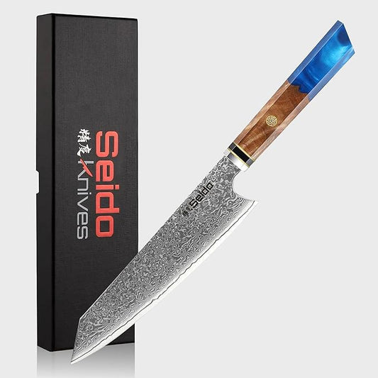 Seido Knives Kiritsuke Damascus Steel Chef Knife Epoxy Resin Stabilized Wood Handle Professional Kitchen Knife VG10 High Carbon Stainless Steel, Sapphire Blue