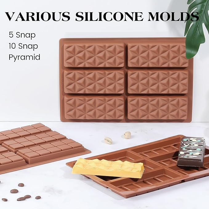 2 Pcs Chocolate Bar Mold Deep Dubai Stuffed Silicone Molds for Filling Knafeh Pistachio Chocolate Bar and Wax Melts Rectangle Thick Candy Bar Molds Break Apart (Pyramid)