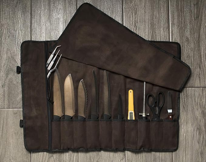Asaya Canvas Chef Knife Roll Bag - 10 Knife Slots and a Large Zipper Pocket - Durable 10oz Canvas Knife Case with an Adjustable Shoulder Strap - Knives not Included