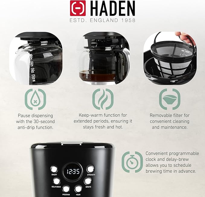 Haden 12 Cup Programmable Drip Coffee Maker Coffee Machine Bundled with Heritage 2 Slice Wide Slot Stainless Steel Toaster, Turquoise & Chrome