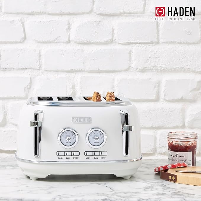 Haden Dorset 4 Slice Wide Slot Stainless Steel Toaster with Adjustable Browning Control & Non-Slip Feet, Ivory & Chrome