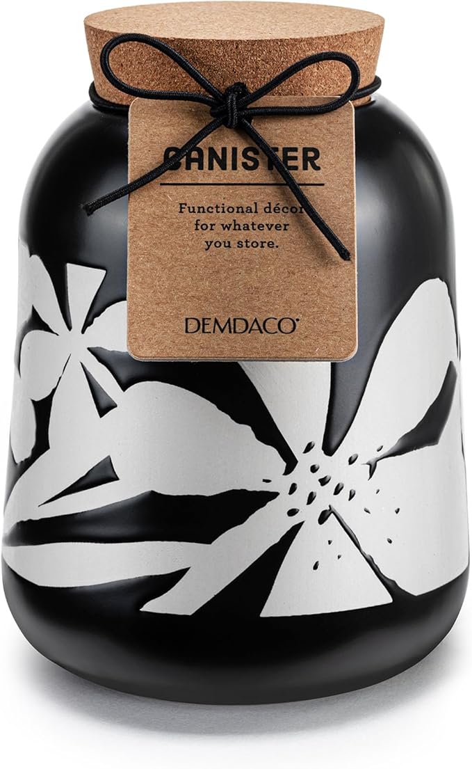 DEMDACO Bold Floral Medium Cork Lid Trendy Storage Black 4.5 x 6.5 Stoneware Canister Container