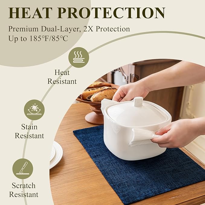 KXN Placemats Set of 4, Dual-Layer Thickened Faux Linen Table Mats, Heat Resistant & Wrinkle-Free, Machine Washable Cloth Place Mats for Kitchen Dining Indoor Outdoor (Navy Blue)