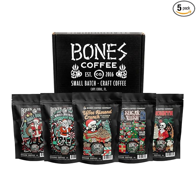 Bones Coffee Company Holiday Favorites Bundle, 5 Assorted Flavored Coffee Low Acid Medium Roast Arabica Beans Specialty Coffee Gifts, Auto Drip and French Press Compatible, 4 oz Pack of 5 Ground