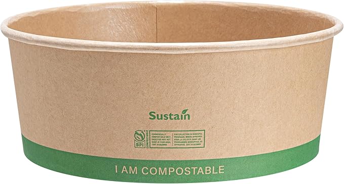 Restaurantware Compostable Paper Food Containers 200 Pack Of 50 oz BPI-Certified Round Kraft Salad Bowls Disposable Grease-Resistant Meal Prep Take Out Containers For Ice Creams, Soups, Snacks