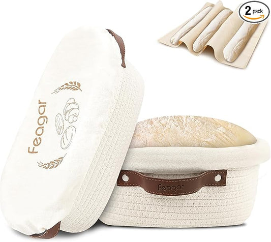 Feagar Banneton Bread Proofing Basket Set - 2 Pack Oval Cotton Rope Bread Basket with Liners, Covers & Proofing Cloth for Artisan Bread Baking, Sourdough Bread Baking Supplies