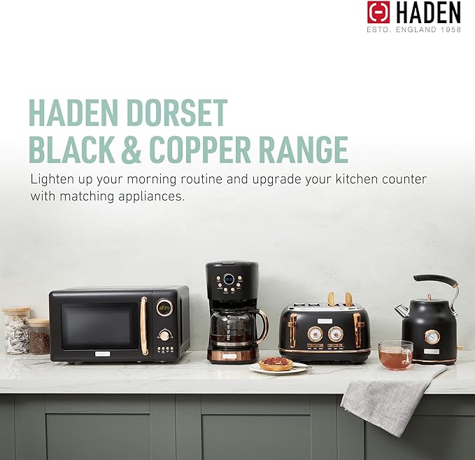 Haden Dorset 1.7 Liter Stainless Steel Electric Kettle with 360-Degree Base Bundled with 4 Slice Wide Slot Stainless Steel Toaster, Black & Copper