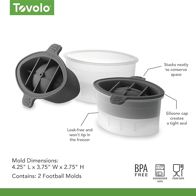 Tovolo Craft Ice Molds – Large Football Ice Spheres for Sports Fans - Whiskey, Bourbon, Cocktails, Gifts & More – 2 Pack Slow Melting, Stackable, BPA-Free Silicone Leak-Proof Lids, Dishwasher-Safe