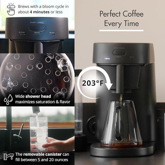 Ratio Four Coffee Machine - Coffee Maker with Removable Water Tank - Drip Coffee Maker with 4 Minute Brew Time - 5-20 Ounce Single-Serve Coffee Maker - 11.5”H x 7.5”W