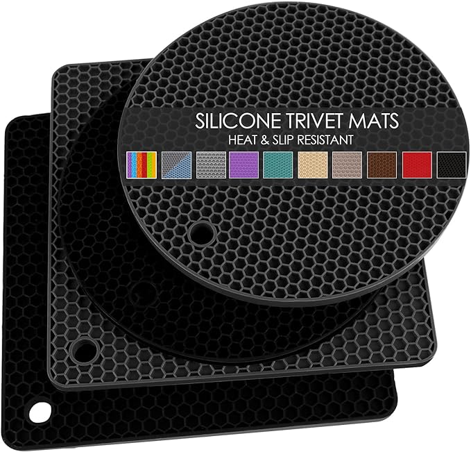 Silicone Trivet Mats, 4 Pack Silicone Pot Holders for Hot Pan and Pot Pads, Heat Resistant Counter Mats for Tables, Countertops, Spoon Rest and Large Coasters, Black & Gray (2 Squared + 2 Round Mats)