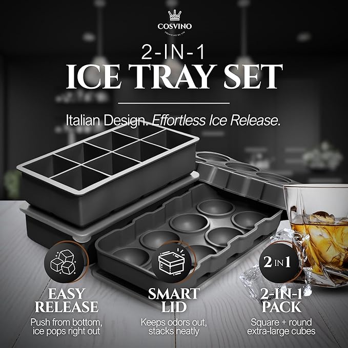 Large Ice Cube Trays Perfect for Whiskey and Summer Drinks - Italian Design - 2 Pack (16 x Ice Cubes | Square and Round | XL size) - Cosvino - Removable Lid, Easy Release (Tuxedo Black)