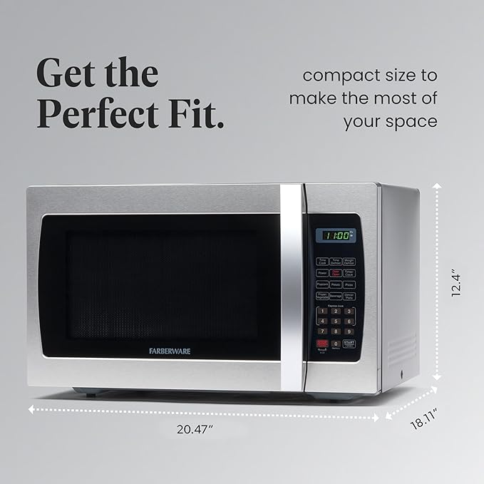 Farberware Countertop Microwave Oven 1000 Watt Power Auto Cook Settings, Defrost, Easy Clean and Child Safety Lock, 1.3 Cu. Ft, Stainless