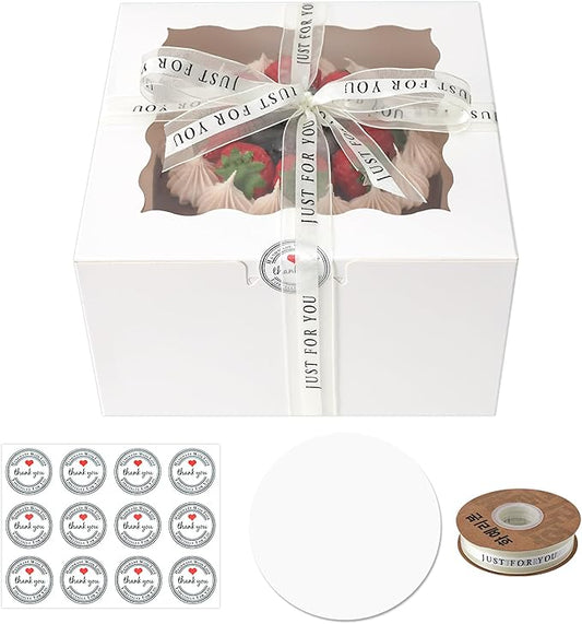 28 Pack cake boxes 9x9x5Inch Cake Boxes Bakery Boxes with Window for postres, Cookies, Donuts, Chocolate Covered Strawberries. (White, 995inch/28pcs)