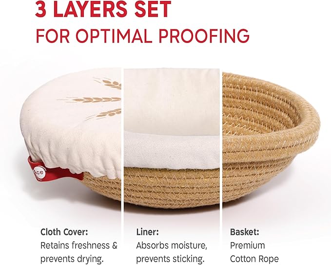 KneadAce Cotton Rope Banneton Bread Proofing Basket Set, Oval & Round Bread Baskets with Liners & Covers for Artisan Bread Baking, Sourdough Bread Baking Supplies
