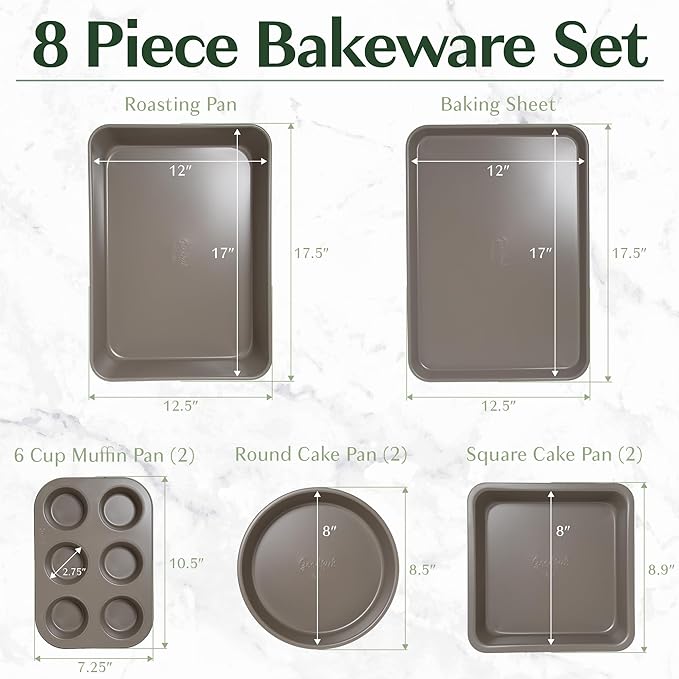 Goodful All-In-One Nonstick Bakeware Set, Stackable and Space Saving Design includes Round and Square Pans, Muffin Pans, Cookie Sheet and Roaster, Dishwasher Safe, 8-Piece, Linen