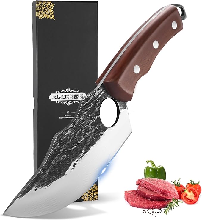 Chef Knife Kitchen Knives Japanese Butcher Knife Meat Cleaver, High Carbon Steel Hand Forged Full Tang Viking Knives with Sheath for Camping, Outdoor, BBQ, Home