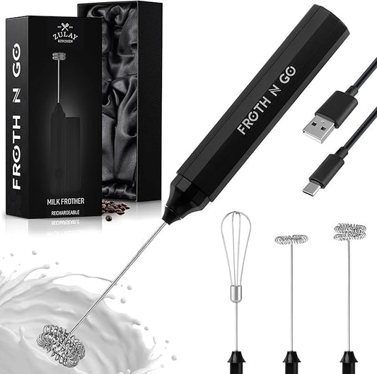 Zulay Froth N Go Milk Frother Rechargeable - 3-in-1 Frother Wand With Case & USB-C Charger - Comes With 3 Whisk Attachments for Latte, Cappuccino, Matcha, Protein Shakes - Black