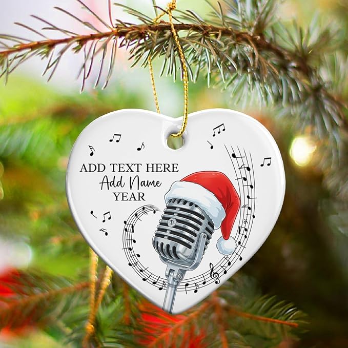 Personalized Microphone Xmas Ceramic Ornament, Recording Vocals Microphone Christmas Tree Ornaments 2025, Custom Text Name & Year Vocalist Xmas Ornament, Gift for Singer Vocalist Music Lover