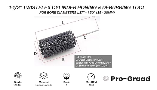 TwistFlex 1-1/2" 120SC Cylinder Hone | 1.5" (38mm) Flexible Cylinder Honing & Deburring Tool | Bore Brush for Hole Diameters 1.37 - 1.5" | Silicon Carbide 120 Grit | 1/4" Shank | 8" Length