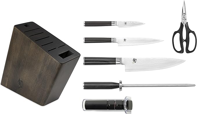 Shun Classic 7 Piece Dark Block Set with Sharpener, Includes 8" Chef, 3.5" Paring, 6" Utility Knives, Shears & Honing Steel, Handcrafted Japanese Knife Block Set, Pakkawood Handles