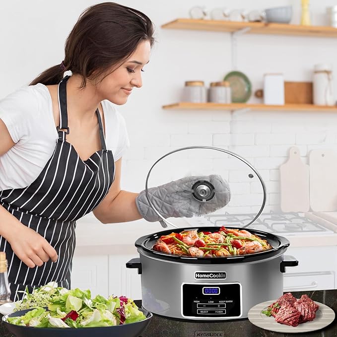 HOMECOOKIN 6-Quart Digital Programmable Slow Cooker with Timer - Small Kitchen Appliance for Family Dinners - Serves 6+ People - Heat Settings: Keep Warm, Low and High