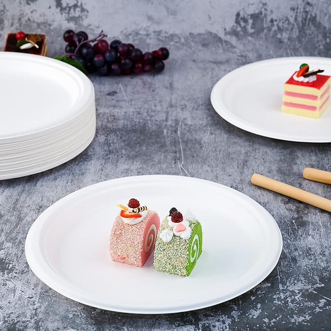 Vplus 150 Pack Compostable Disposable Paper Plates 10.25 inch Super Strong Paper Plates 100% Bagasse Natural Biodegradable Eco-Friendly Sugarcane(white)