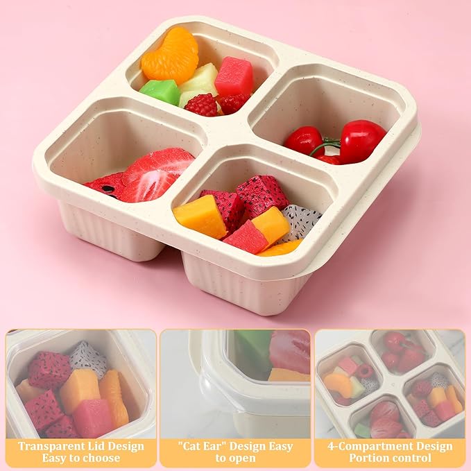 SHENLIU 6 Pack 4 Compartment Snack Containers, Beige Reusable Lunchable Container Divided Bento Snack Box with Lids Food Storage Containers for Adults Travel Work
