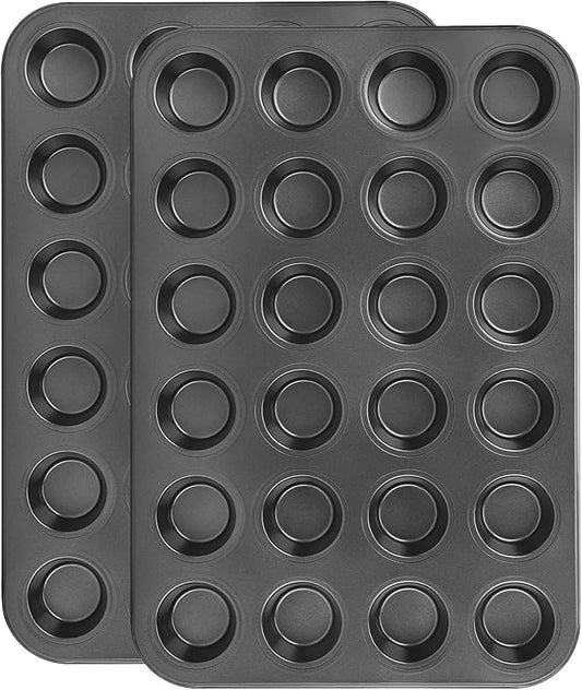 Beasea Nonstick Mini Muffin Pan 24 Cups, 2 Pack 24 Mini Small Tiny Cup Non Stick Muffin Baking Pan Tin Tray Carbon Steel Bakeware Individual Cupcake Baking Pan - Black