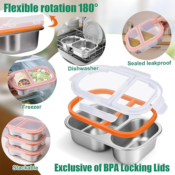 Palksky Lunch Containers Meal Prep Containers Stainless Steel, 2 Compartment Food Storage Containers with Leak-Proof Lids, Reusable Airtight Bento lunch Boxes, Kitchen Storage, Freezer (3 Packs)