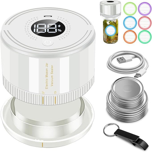Auto Stop Electric Mason Jar Vacuum Sealer, Vacuum Sealer Kit for Wide Mouth and Regular Mouth Mason Jars with Food Storage Labels for Freshness and Preservation