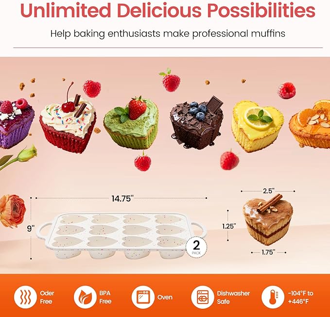 Premium Silicone Heart-Shaped Baking Mold with Metal Reinforced Frame – 2 Pack Non-Stick Cupcake & Muffin Pan for Baking Chocolate, Egg Bites & Brownies – BPA Free, Dishwasher & Oven Safe