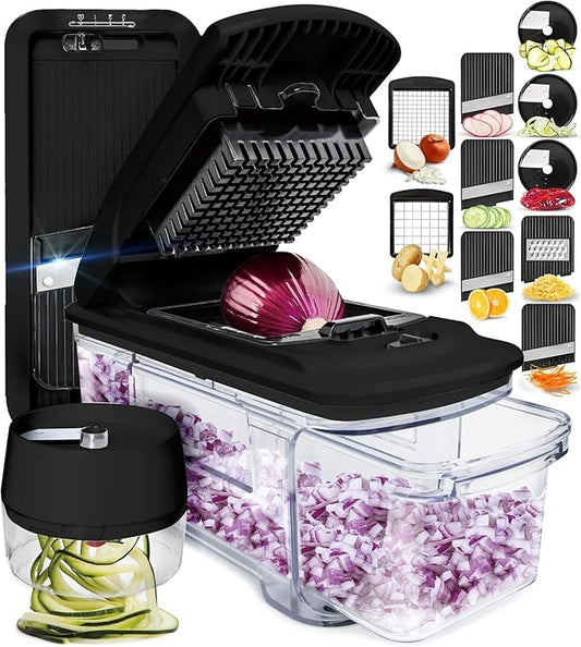 Fullstar All-in-1 Vegetable Chopper and Mandoline Slicer for Kitchen - Cheese Grater, French Fry Cutter, Cheese Slicer - Bonus Handheld Spiralizer Included (6 in 1, Black)