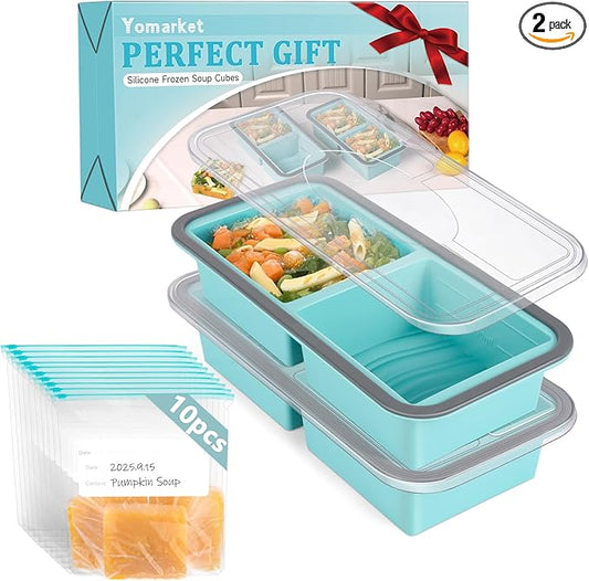 Silicone Freezer Trays with Lids 2 Cup Soup Freezer Containers Molds with 10 Large Freezer Bags, 2 Pack Ice Cube Trays for Freezing Soups, Stews, and Sauces, Dishwasher Safe