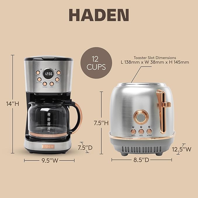 HADEN Heritage 12 Cup Programmable Retro Coffee Maker Machine Bundled with 2 Slice Wide Slot Toaster with Removable Crumb Tray, Steel/Copper