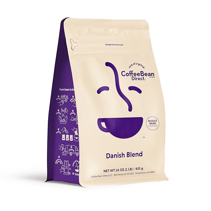Coffee Bean Direct Danish Blend, Whole Bean Coffee, Dark Roast, 1 Pound Bag (Pack of 1)