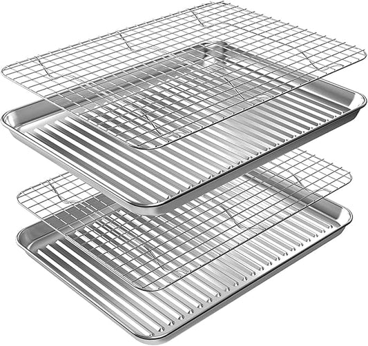 ROTTAY Baking Sheet, Half Sheet Pan with Cooling Rack Set [2 Pans + 2 Racks], Stainless Steel Baking Pan for Oven, Warp Resistant & Heavy Duty & Rust Free, Size 18 x 12 x 1 Inches