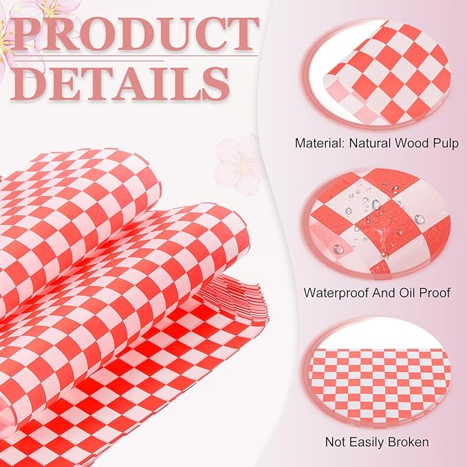 PATIKIL 8.7" x 8.7" Waxed Paper Sheets, 100Pcs Square Pattern Oil-absorbing Dry Food Wrapping Paper for Bakery Coffee Shop Home Baking Kitchen DIY, Red