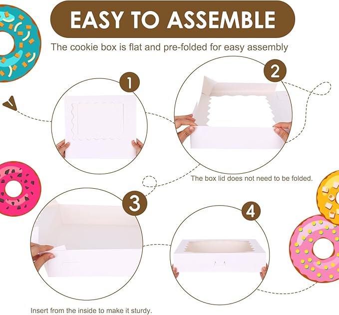 Moretoes 24pcs Bakery Boxes, 14x10x2.5 Inch Treat Boxes with Window for Chocolate Covered Strawberries, Donuts, Pies, Muffins and Pastries (White)