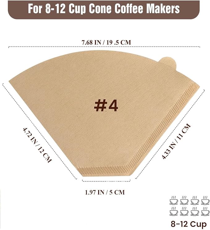 Natural Unbleached Coffee Filters, Size for 8-12 Cup Drip Coffee Makers, Cone Shape Design Prevents Leaks & Blowouts, Disposable for Pour Over & Automatic Machines
