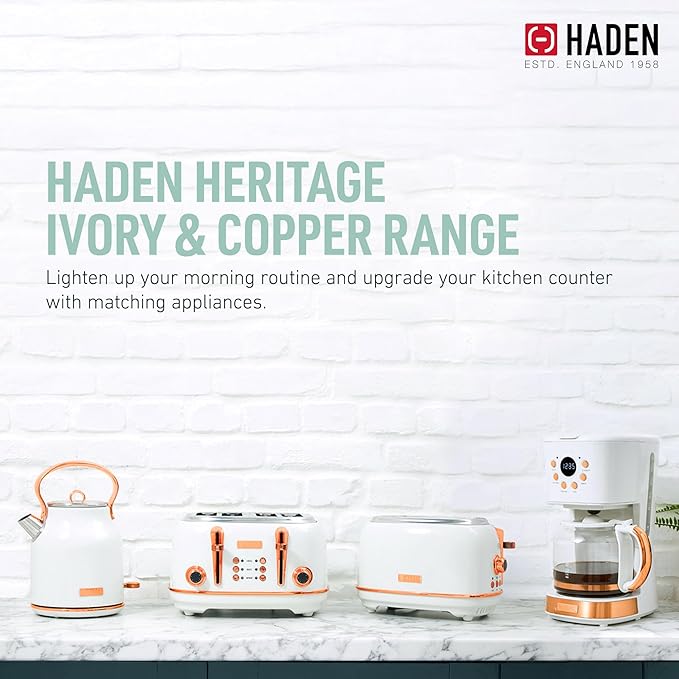 Haden Heritage 2 Slice Wide Slot Stainless Steel Toaster Bundled with 12 Cup Programmable Drip Coffee Maker Coffee Machine, Ivory & Copper