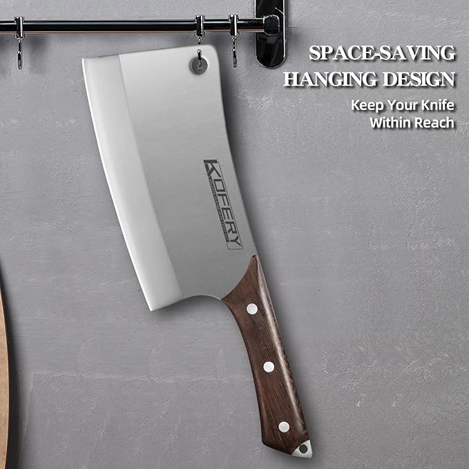 KOFERY 7 Inch Professional Meat Cleaver - Heavy Duty Bone Chopper, Butcher Knife for Meat and Bone Cutting, High Carbon Steel Chinese Cleaver with Wooden Handle