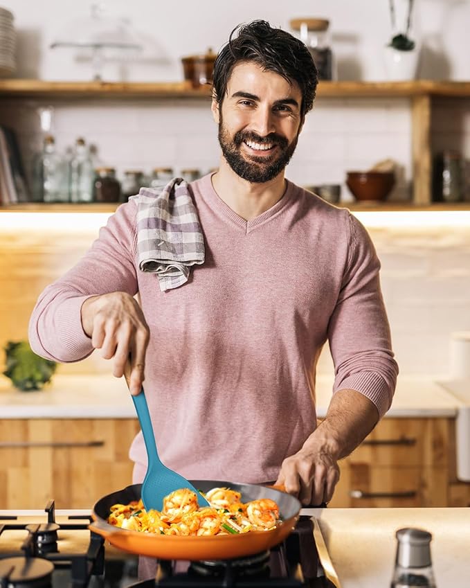 Silicone Wok Spatula Turner Set, Perfect for Scooping, Flipping, Lifting Pancakes and Picking up Veggies, BPA-Free Matte Silicone, Wooden Handles, Safe for Nonstick Cooking Surfaces (Blue)