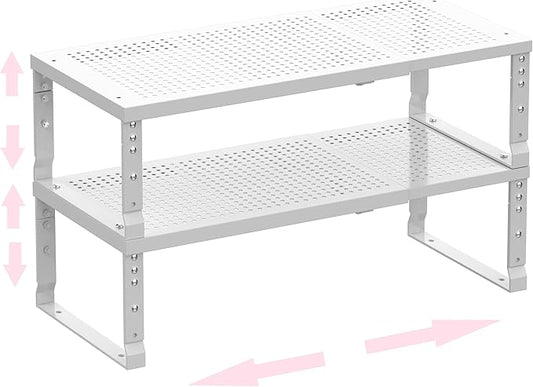 Metal Stackable Expandable Storage Shelf - Multi-Functional Home Storage Shelf, Suitable for Kitchen, Cabinet，Bathroom, Office, Garage, etc.（2PACKS/White/Medium