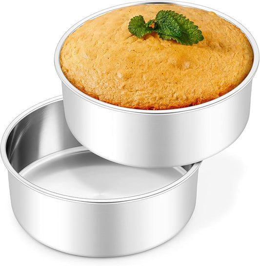 Leonyo 6 Inch Cake Pans, Stainless Steel Round Cake Baking Pans Set of 2, 6” x 3” Deep Baking Tins for Even Heating, Non Toxic & Healthy, Heavy-Duty, Dishwasher Safe