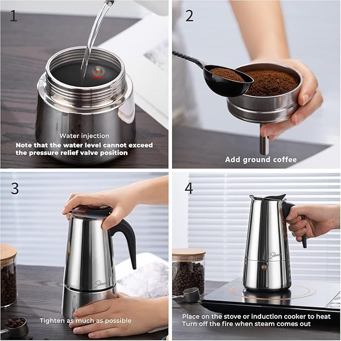 Coffee Maker 4 Cup Moka Pot Stainless Steel Percolator coffee pot Espresso Maker, Compatible with Gas, Electric, Ceramic, and Induction stovetops(6.6 fl oz/200 ml)