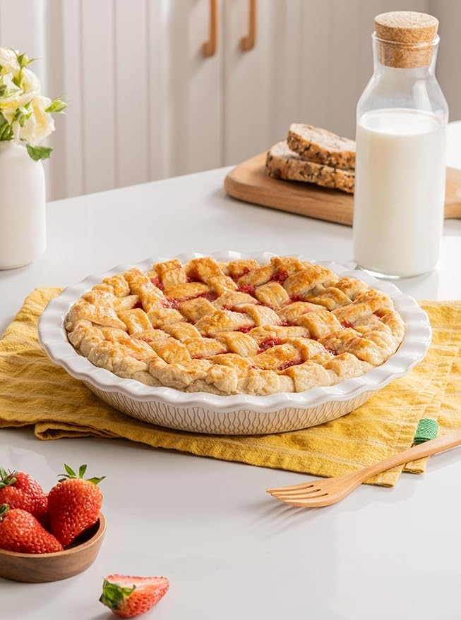 Ceramic Pie Dish for Baking, 9 inch Porcelain Pie Pan, Fluted Pie Plate for Apple, Quiche, Pot Pies, Tart, Modern Farmhouse Bakeware, Glazed White