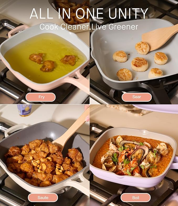 10.5 Inch(3.8QT) Ceramic Pan with Lid,Non Stick Frying Pans Cast Aluminum Deep Sauté Pans,Ti-Ceramic Non Toxic Pix Pan with Wooden Spatula and Scrubber-Mint Haze