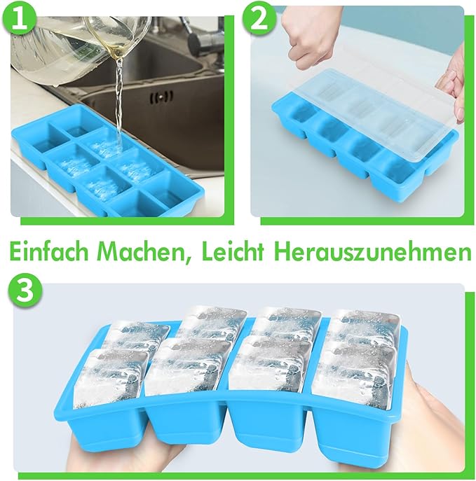 Large Ice Cube Molds 2 Pack, FURNSII Silicone Ice Cube Tray for Freezer with Lid, 8 Giant Square Cubes, Easy Release Stackable Ice Molds for Whisky Cocktails (Black)