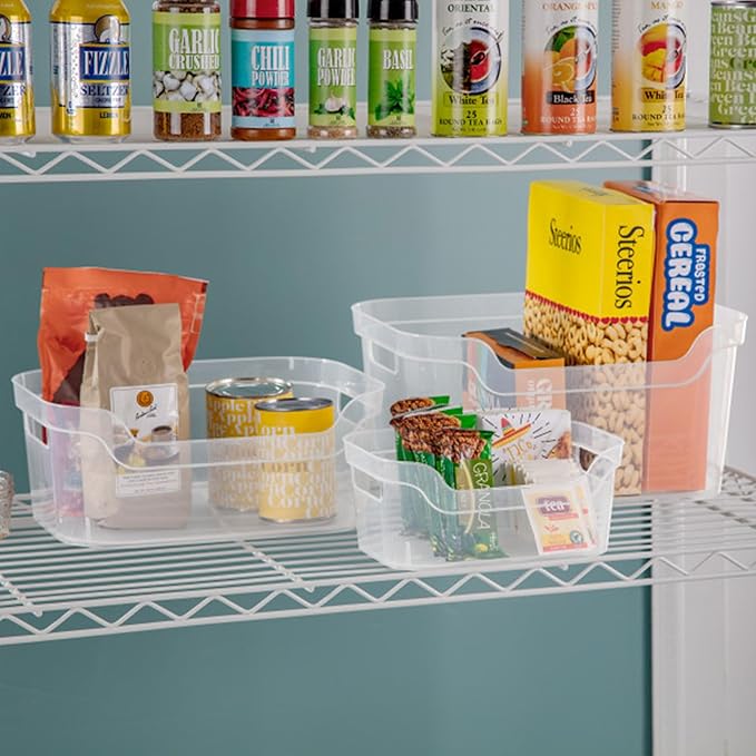 Sterilite 5.25x9.5x13 In Medium Polished Open Scoop Front Storage Bin w/Comfortable Carry Through Handles for Household Organization, Clear (8 Pack)
